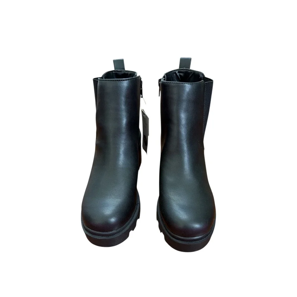 Black Faux Leather Lug Sole Chelsea Boots Chunky‎ Heel Side Zip Women Size 11